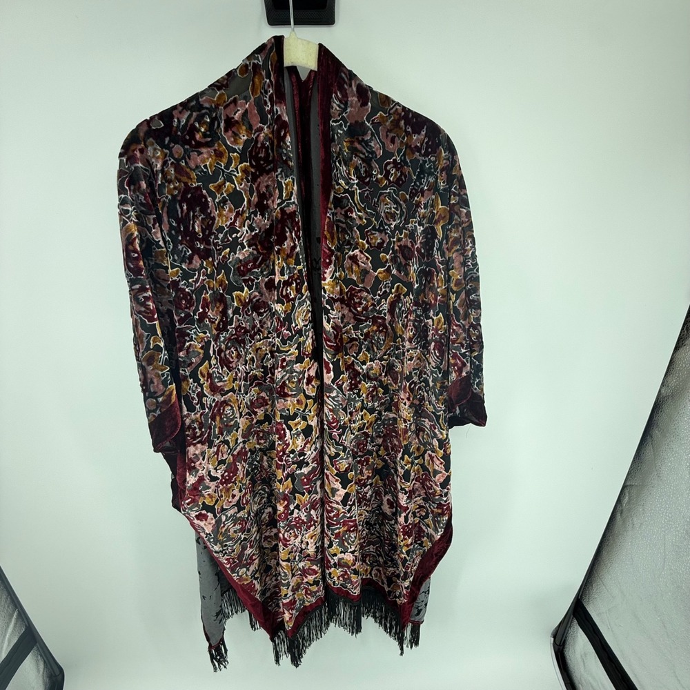 Velvet Burnout Floral Fringe Kimono Wrap Burgundy Gold One Size I-11605W
